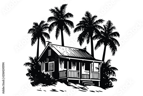 Cabin vector silhouette beach shack with palm trees tropical
