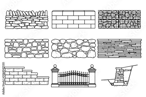 Stone Fence and Wall Types Large Icons Black Clean Line Architecture Boundary Symbol Set