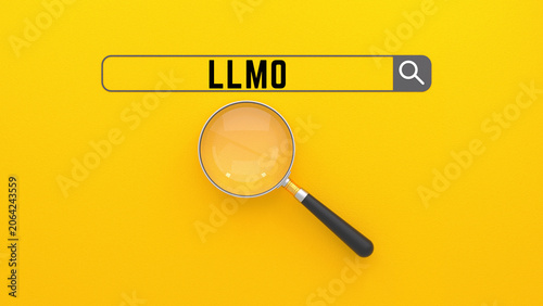Large Language Model Optimization LLMO in Search Bar with Magnifying Glass on Yellow Background