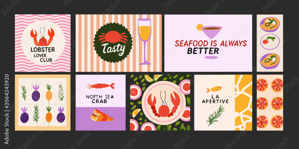 Naklejka premium Seafood themed Vector Illustrations With Marine Life And Typography