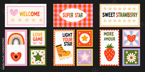 Collection Of Colorful Rectangular Cards With Text And Illustrations