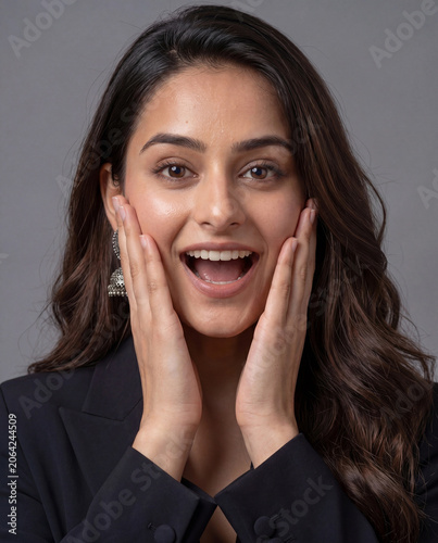 Surprised Indian Woman Expressing Excitement And Amazement In Corporate Portrait generative ai