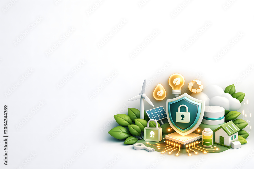 Obraz premium D Sustainable Green Technology Background with Eco Icons and Circuit Roots 