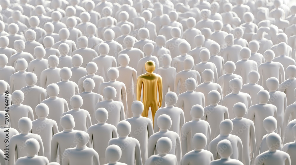 Obraz premium Many figures stand in a crowd with one figure in the center looking different from the rest in a simple scene