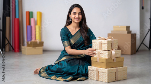Smiling Indian Woman In Traditional Saree Arranging Gift Boxes For Festive Celebration generative ai