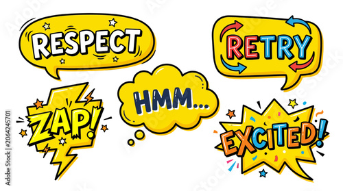 Comic speech bubbles with excited, zap, and retry phrases.