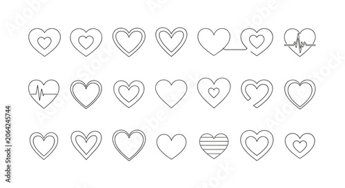 Comprehensive collection of twenty-one diverse heart outline icons representing love, health, and design variations.