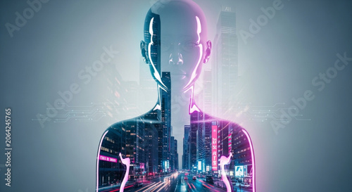 Futuristic digital human silhouette with cityscape overlay glowing neon lights technology concept