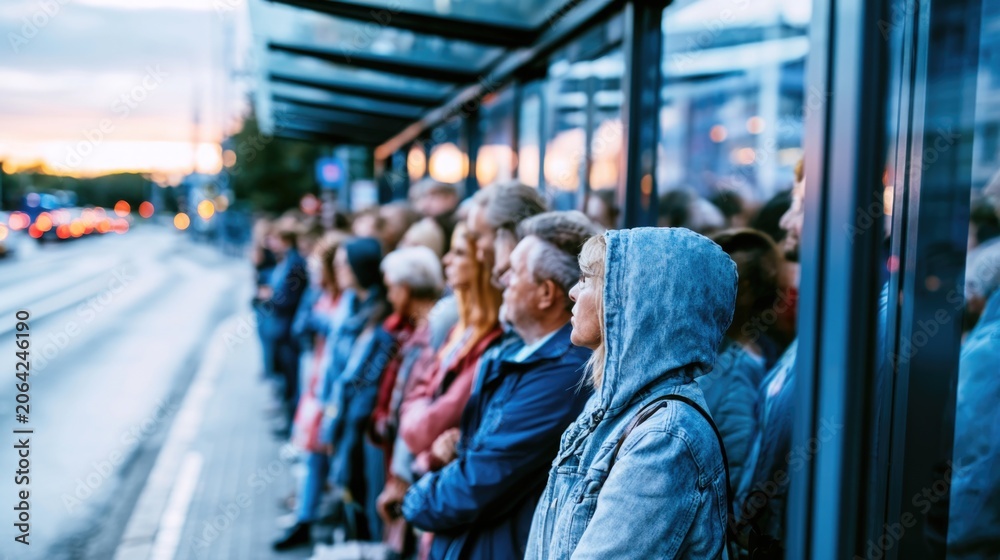 Obraz premium Passengers Waiting at Public Transit Stop During Evening Commute in City