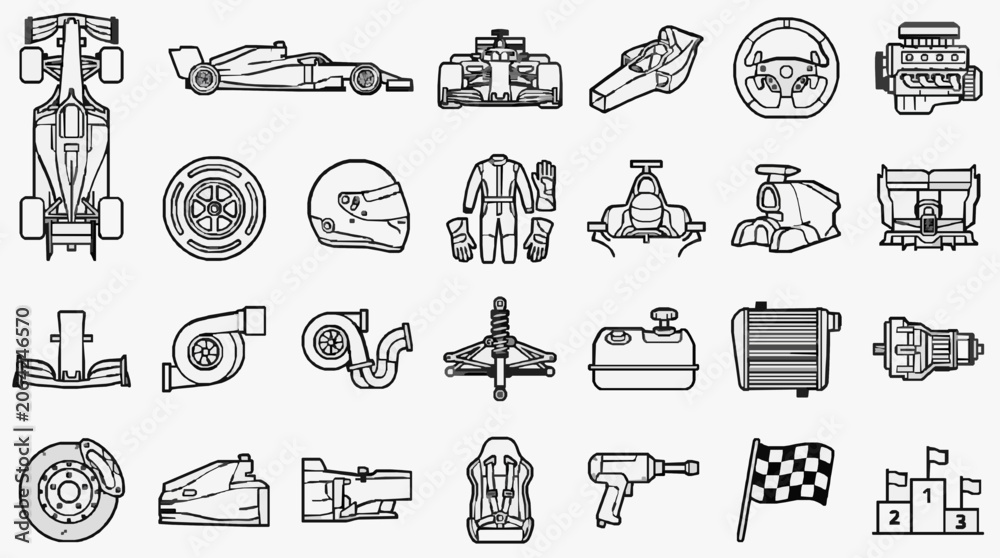Naklejka premium Dynamic Racing Vehicle Components and Motorsport Iconography Collection with high professional line art symbols for modern creative design and digital branding projects