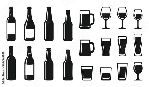 Black silhouettes of bottles glasses beer mug and wine vector set