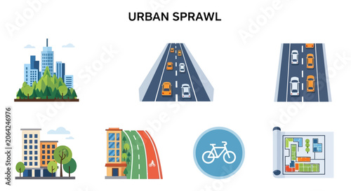 Foto Urban sprawl cityscape with infrastructure icons.