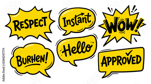 Comic speech bubbles Respect Instant Wow Hello and Approved text