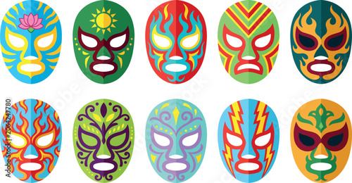 Schilderij op canvas Colorful Mexican Lucha Libre Wrestling Mask Vector Element Set with Traditional