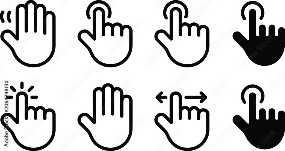 Fototapeta premium Touch screen hand gesture icon set vector illustration featuring tap click swipe and wave movements in line and silhouette styles.