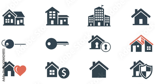 Foto Real estate icons featuring houses keys and hearts in a flat style