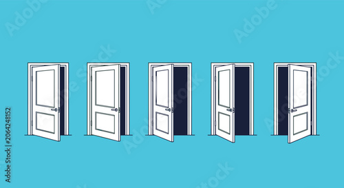 Row of identical slightly open white doors revealing mysterious dark void represents choices, future opportunities, and final decisions.