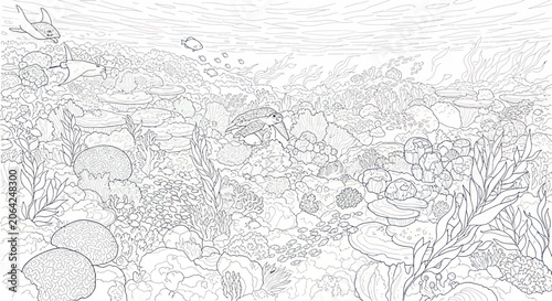 Photography Underwater ocean landscape with sea turtle rays and coral reef