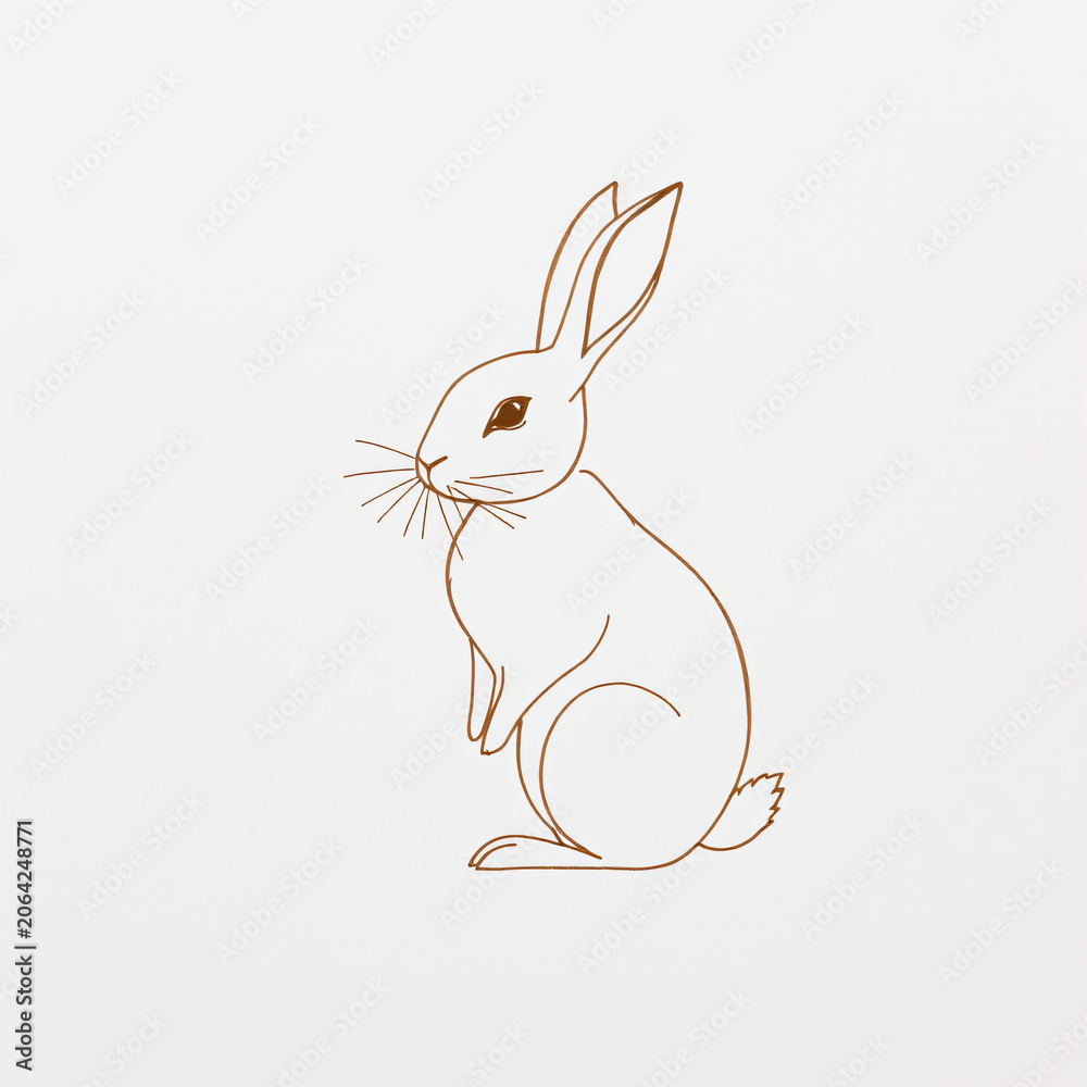 Fototapeta premium minimalist contour drawing sitting rabbit overlapping elegant line loops dark sepia ink textured watercolor paper serene simple composition