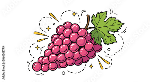 Juicy bunch of purple grapes with a green leaf decorated with comic style star sparkles and dashed lines.