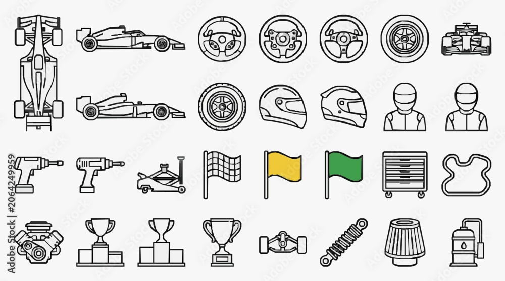 Naklejka premium Elegant Racing and Motorsport Iconography Collection Featuring Vehicles Equipment and Symbols with high professional line art symbols for modern creative design and digital branding projects