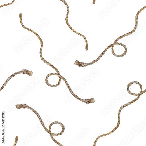 Valokuva Watercolor nautical seamless pattern with twisted brown hemp rope and knots