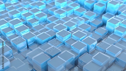 An Abstract 3D Render of Translucent Glossy Light Blue Glass Cubes Arranged in a Layered Staggered Grid Pattern with Depth of Field and Soft Illumination