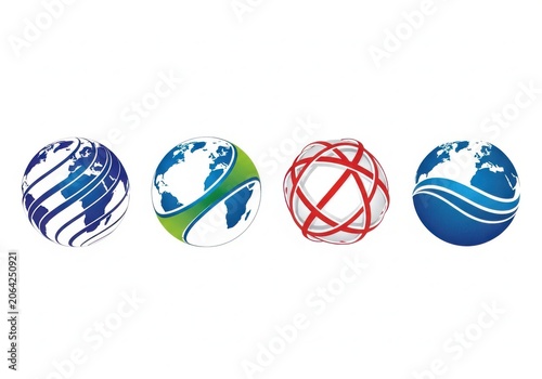 Four colorful globe icons with swirling lines