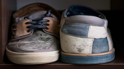 Old and worn shoes sit on a shelf showing signs of use and age in a home setting