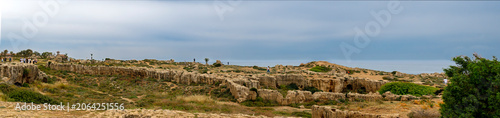 Panoramic view across the royal tombs at the archaeological site near Nea Paphos on Cyprus