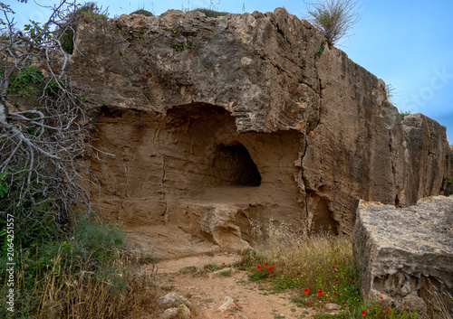 Cave entrance of a royal tomb in the archaeological site near Nea Paphos on Cyprus