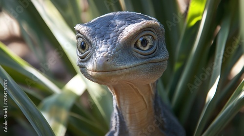 Close up of a baby dinosaur head peeking through green leaves.