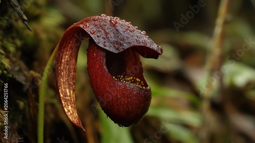 Close up of a rare dark red pitcher plant with water droplets.