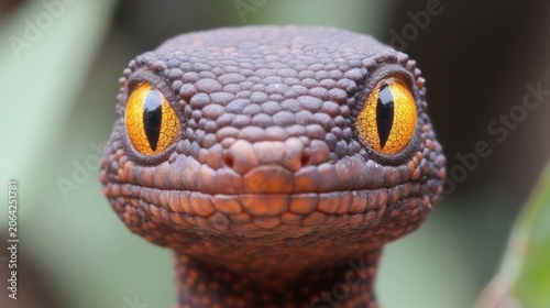 Close up of a small dragon lizard with bright yellow eyes and textured scales.