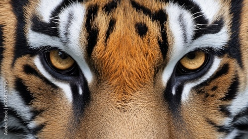 Close up of a tigers intense eyes and striped face.