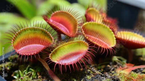 Close up of a Venus Flytrap plant with vibrant red and green traps.