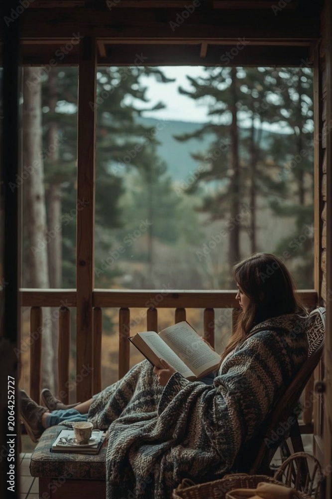 Fototapeta premium Slow Living Retreat with Books Tea and Forest Views