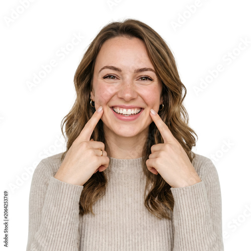 Happy Young Woman Smiling Portrait Pointing To Her Smile For Dental Health And Confidence