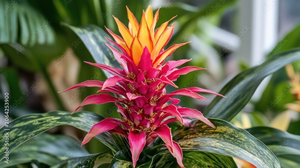 Obraz premium Vibrant Bromeliad Flower in Bloom with Green Leaves.