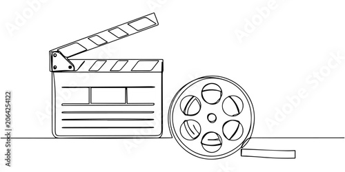 Cuadro en lienzo film clapperboard and a film reel  continuous one line drawing, Clapper board and film reel continuous one line drawing