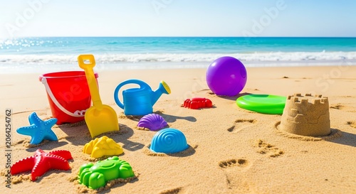 Sunny Beach Day Colorful Toys and Sandcastle by the Ocean