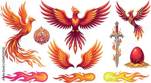 Fotografie Mythical Fire Phoenix Vector Set with Rising Mythological Birds, Flaming Wings,