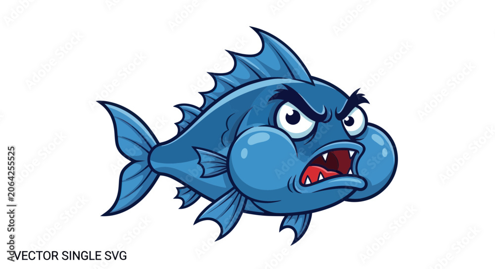 Fototapeta premium Angry blue cartoon fish with puffed cheeks and sharp teeth
