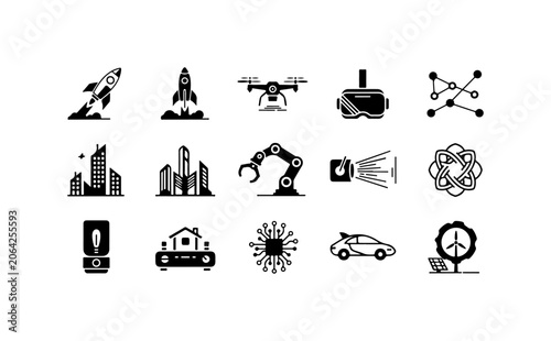 Industrial icons, technology symbols, robotics signs, 16 black vector graphics