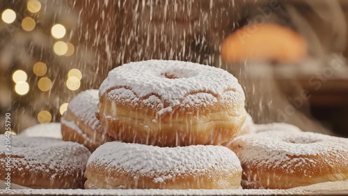 Fresh powdered doughnuts with warm bokeh lights