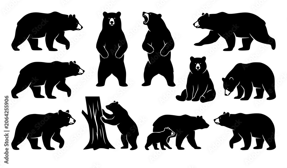 Fototapeta premium Black bear silhouette collection vector wildlife icon set