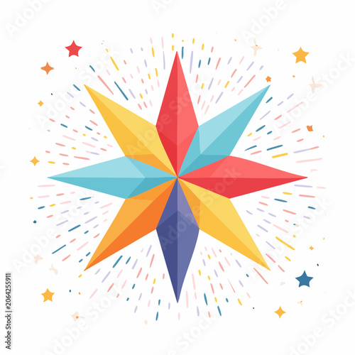 Colorful Geometric Starburst with Confetti and Stars