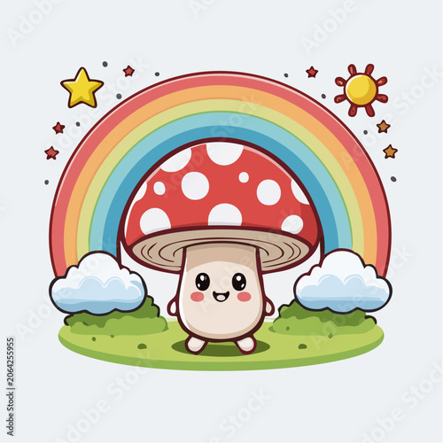 Cute Mushroom Character Under Rainbow