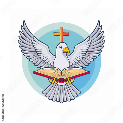 Dove with Cross and Open Book Cartoon Illustration