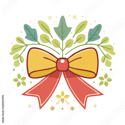 Festive Bow and Leaves Flat Illustration